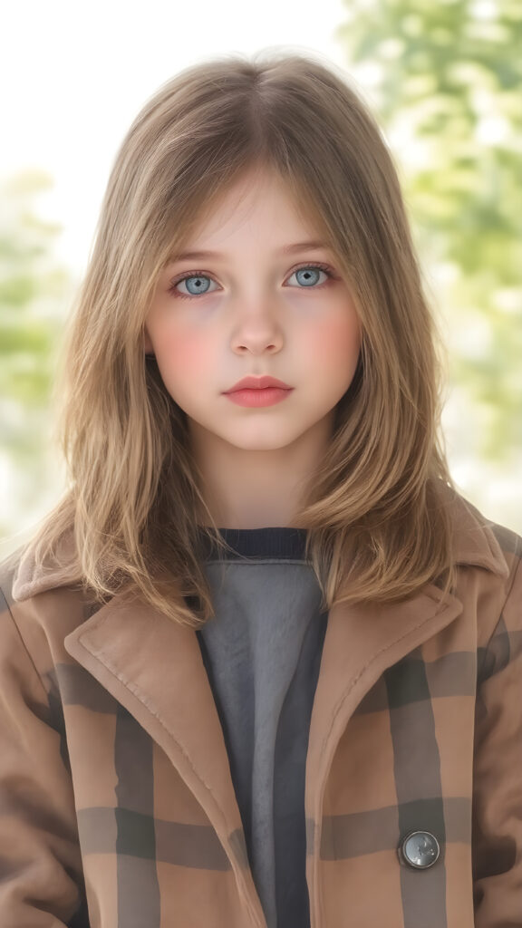 a detailed perfect hand drawing portrait with pastel colors, young cute girl, she wears a ((checkered coat in brown and grey)), she look at the viewer, detailed shiny straight brown hair, blue eyes, round detailed face, all against a sunny green natural backdrop