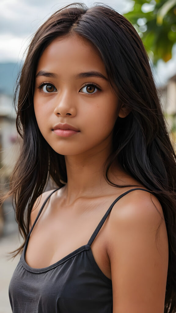 a detailed pictures, featuring a beautifully drawn face of a young brown-skinned Filipino teen girl, 13 years old, ((long straight raven-black soft hair)), ((round detailed face, round big amber eyes)), (((looking away))), her expression is one of thoughtful suspense, her gaze fixed on a point that suggests the viewer's eye, as if drawn by a (((graphic novel style))), down blouse, wears a short cropped spaghetti tank top, full body, pictured from side