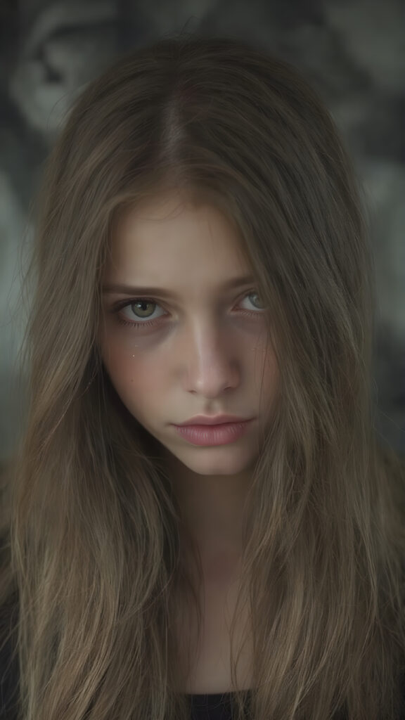 a detailed teen emo girl with luxuriously long, flowing chestnut hair cascading like silk, set against a strikingly detailed backdrop of swirling gray clouds and ethereal shadows. Tears glisten on her cheeks, capturing the light like droplets of rain, as her amber eyes, deep and expressive, reveal a haunting sadness that conveys the burden of unspoken stories. The scene is accentuated by delicate hints of vibrant crimson in her attire, dreamlike atmosphere.