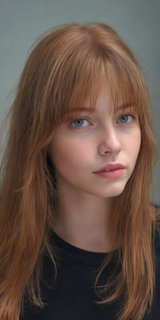 a (((fantastic young teen girl))), in a (super detailed, high-resolution, full-body shot), illustrating a sense of (extreme detail and advanced technology) that captures the essence of a realistic, visual masterpiece, she has very long straight soft red hair, bangs, full kissable lips, side view, grey backdrop