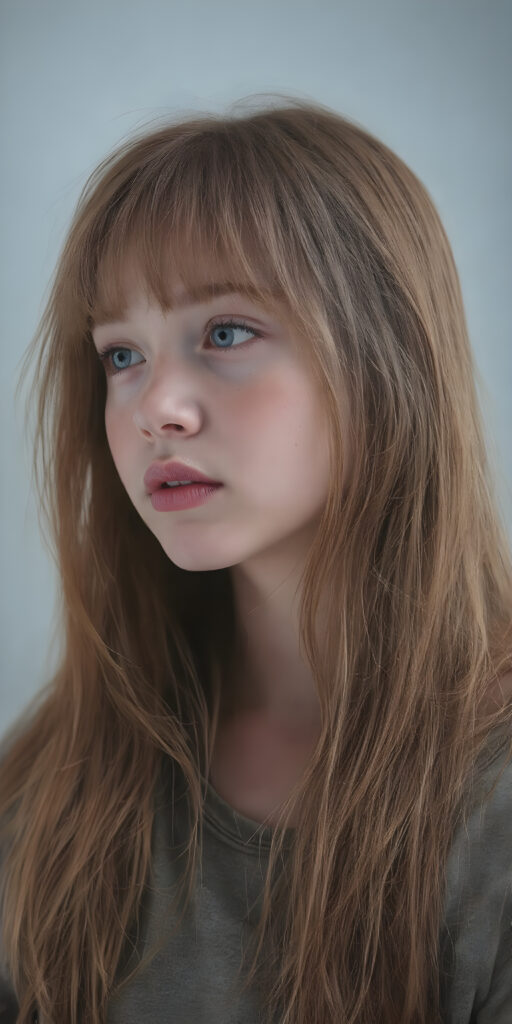 a (((fantastic young teen girl))), in a (super detailed, high-resolution, full-body shot), illustrating a sense of (extreme detail and advanced technology) that captures the essence of a realistic, visual masterpiece, she has very long straight soft red hair, bangs, full kissable lips, side view, grey backdrop