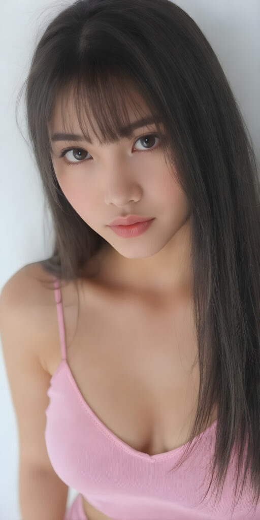 a fantastic stunning and gorgeous young Asian girl looks like a doll, perfect body, deep v-neck, ((long straight soft black hair)), super short cropped pink tank top, full lips, light blue eyes, she wears tight pink leggings that emphasize her body, white backdrop