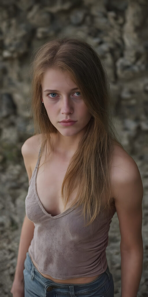 a (((full body portrait (((young teen girl, perfect curved body, busty))), her red hair in (((long, straight locks))), with dark, striking eyes, exuding an air of innocence and cuteness. Her features are sharply defined, with full lips and an ethereal beauty reflective of an angelic visage. In the background, a (quarry) with its distinctive contours and stone walls provides a beautifully contrasting backdrop, she wears short jeans pants, tank top)))