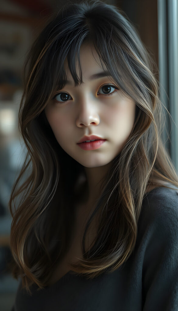 a (((full body and full length))) (((cute young adult Japanese girl))) with (((thoughtfully long soft wavy obsidian black hair and blond highlights))), into a (((playful but welcoming pose))), as she gives off an air of (carefulness and attention to detail) in her expression, round face. Her (((vividly beautiful eyes))), which exude a sense of (curious intelligence), are framed by (full, defined kissable lips) that convey a feeling of (playfulness). She wears a (softly fitted cropped sweater made of fine wool and deep v-neck, well busty)