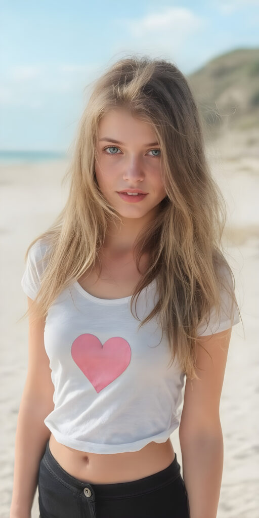 a (((full body shot))) of a (((beautiful teen girl))) with long, flowing (((sandy soft brown straight hair))), green eyes, and a sleekly defined figure, dressed in a tight (((white graphic short t-shirt, perfect curved body))) featuring a (((heart))), paired with a (((black round mini skirt))). She poses confidently on a sunny sandy beach.