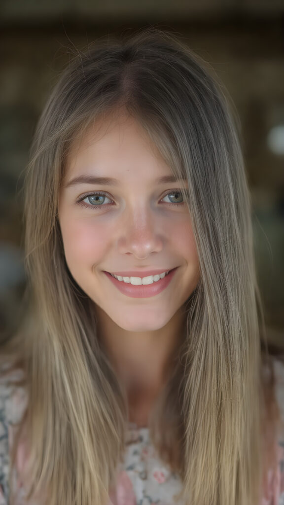a (full-body photograph) featuring a (((stunning girl))) with ((perfect straight hair)), smiling confidently and happily. Her face exudes a youthful complexion with ((freckles)) that blend seamlessly into her overall look. She's dressed in a mix of pastel colours and patterns that complement her features perfectly