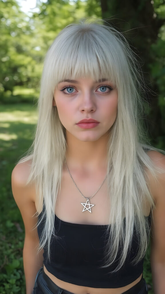 a full body shot, (((beautiful young well busty innocent teen emo girl))), with straight long platinum white hair, framing a softly curved waist she's got big bright and playful (((blue eyes))), that add a pop of colour to her overall look. Her lips are full and painted in (deep red) lipstick, accentuated by (shades of pink) eyeshadow that give off a glow. She's dressed in a ((black cropped tank top, deep neck)) and ((tight fitting black denim jeans)), accessorised with a (big silver pentagram necklace), all that match perfectly with her outfit, all against a sunny backdrop in a green park