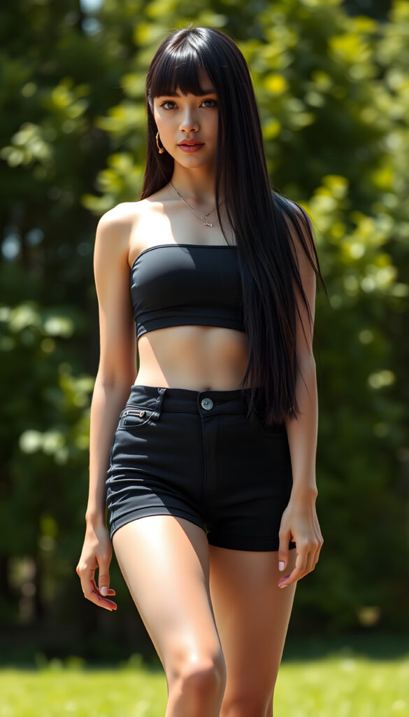 a full body shot of a young well busty female in tight black cropped bikini with silky black straight hair, short black pants, bangs hairstyle, straight shiny hair, full lips, soft face, long legs, black combat boots, sunny green backdrop