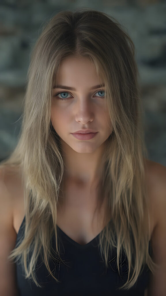 a full body shot, (((Goddess of Love)) ((seductive look, seductive eyes)) (((super realistic, highly detailed, photography))), capturing a (((beautiful young busty teen girl))) with an extremely defined and detailed face, including (((perfect, detailed brown blond very soft straight hair falls down)), (((short, v-neck black tank top, short mini skirt))).