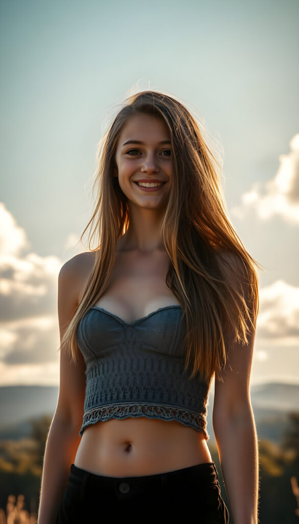 a full body shot from a cute busty teen girl with pale skin and long, flowing brown hair and blond nightlights, wearing a grey crocheted top and a black mini skirt, you can see her belly button, stands in front of you. The scene is bathed in warm, golden sunlight, casting a soft, dreamy glow over everything. She smiles warmly. The background features a clear blue sky with fluffy white clouds and a distant forest, creating a serene and enchanting atmosphere.