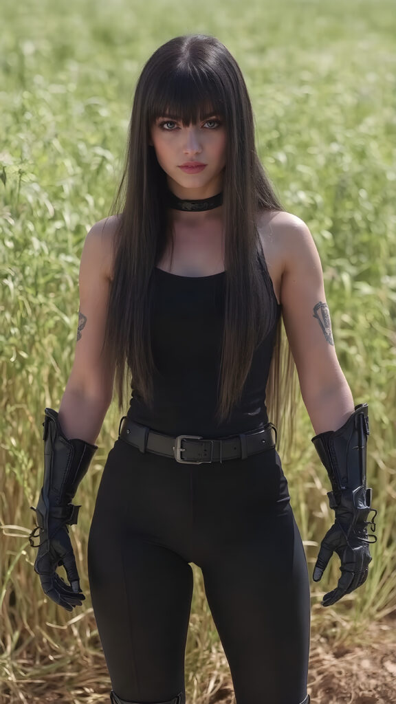 a full body shot of a young female cyborg warrior in tight black armor with long silky black straight hair, short black pants, bangs hairstyle, straight shiny hair, full lips, soft face, long legs, black combat boots, sunny green backdrop