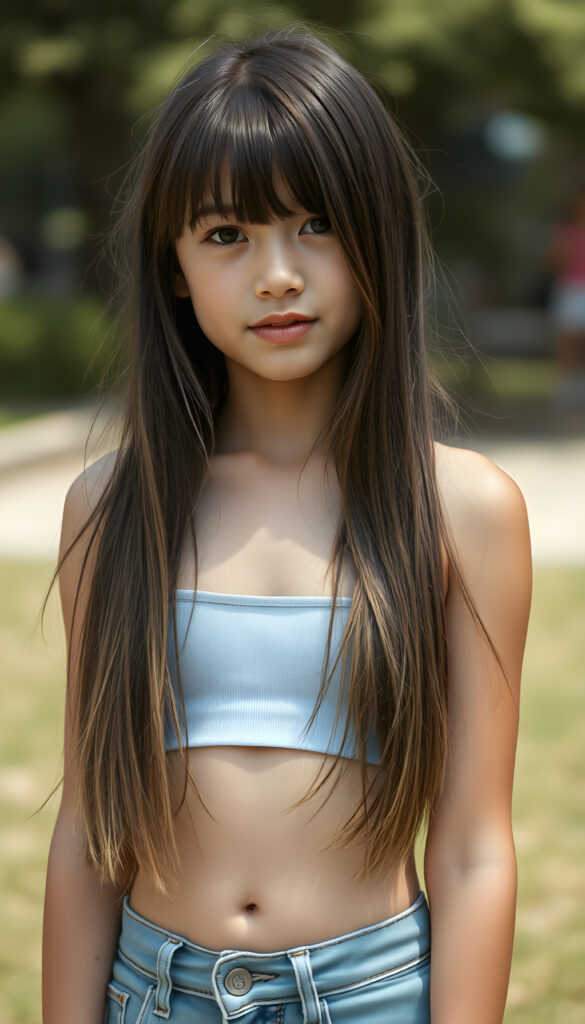 a full body shot (((detailed and realistic photo))), capturing a (((very young teenage girl))), with (long, silky, soft straight jet dark hair and blonde fine strands, same length right and left), wearing a (((cropped spaghetti tank top, belly button))), accessorized with (((blue short jeans))), all against a backdrop of a (beautiful, sunny day)