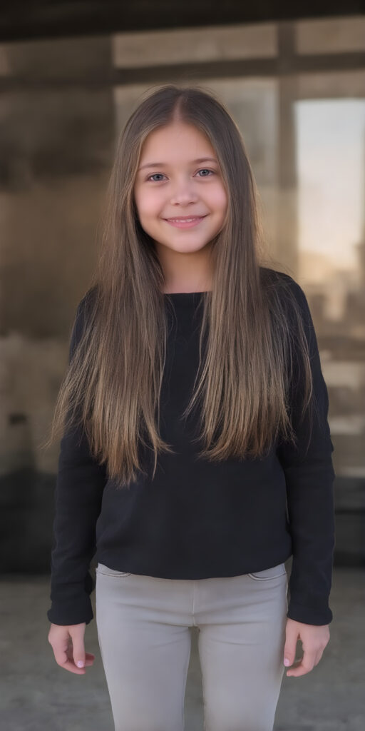 a full body view of a very nice young girl, with very long and straight dark brown hair (with light blonde highlights), wearing a wide and long-sleeved black sweater and light grey jeans. she stands in front of the viewer, smiling warmly. her body is well-proportioned and perfectly shaped, with thin waist and round cheeks, which add to her youthful features. The background is simple yet elegant, with a black and light grey theme that complements her youthful presence. focus on her full body, including her legs and feet which are covered by the warm light of the setting sun. add a touch of realism by highlighting the texture of her skin and the intricate details of her face, including her lips which add a touch of tenderness.