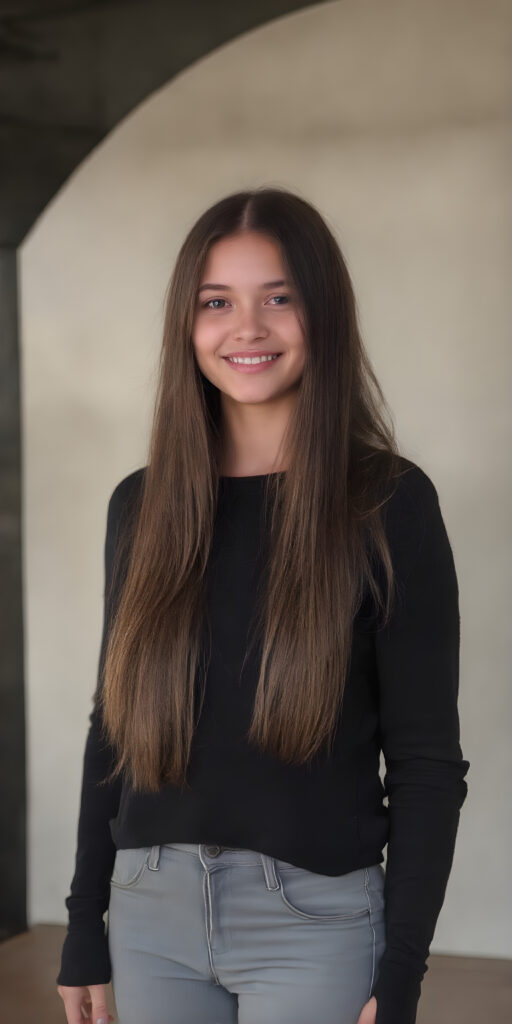 a full body view of a very nice young girl, age 25, with very long and straight dark brown hair (with light blonde highlights), wearing a wide and long-sleeved black sweater and light grey jeans. she stands in front of the viewer, smiling warmly. her body is well-proportioned and perfectly shaped, with thin waist and round cheeks, which add to her youthful features. The background is simple yet elegant, with a black and light grey theme that complements her youthful presence. focus on her full body, including her legs and feet which are covered by the warm light of the setting sun. add a touch of realism by highlighting the texture of her skin and the intricate details of her face, including her lips which add a touch of tenderness.