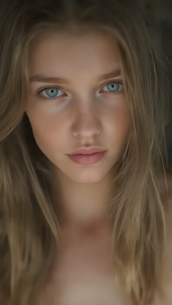 a full upper body photo from a gentle young girl with flawless skin, long soft hair falls over her upper body, shiny beautiful blue eyes, small nose, full plump lips, mouth slightly open with shining white teeth, round face, she looks seductively at the viewer, faint light falls on her face, perfect shadows, she has a perfectly shaped upper body