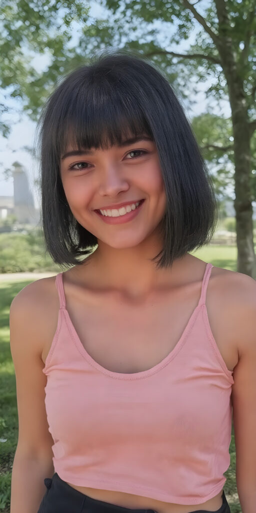 a girl, straight black hair bob cut, short tank top deep neck, short black skirt, smile very happy, white teeth, she is in a sunny green park, skyline in backdrop, detailed belly button