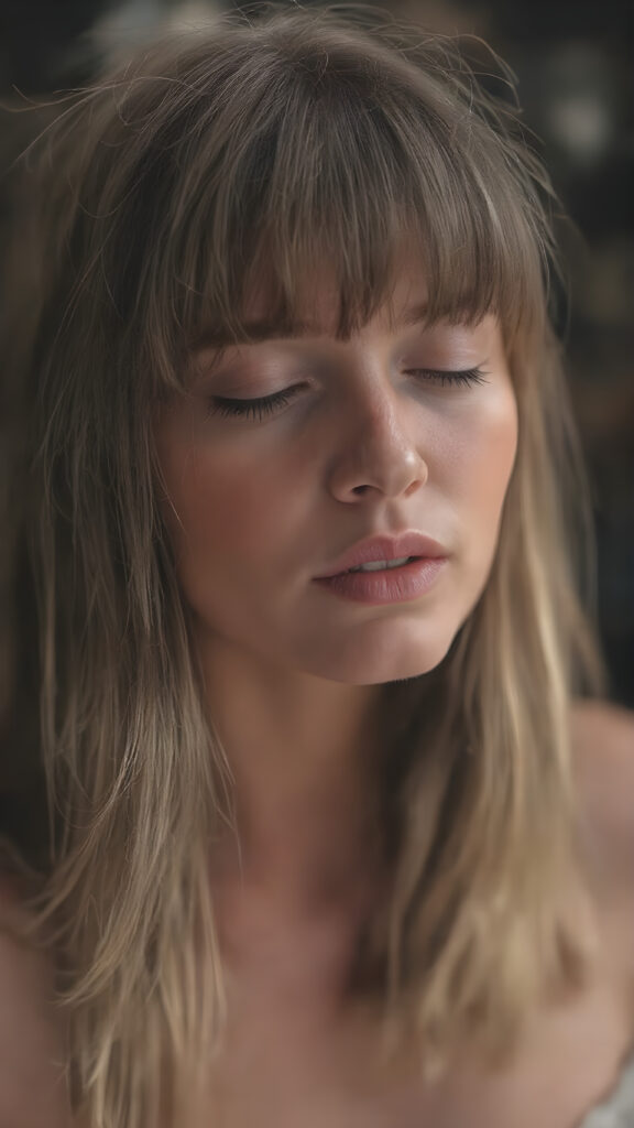 a girl with a beautiful pout, plump lips, long soft brown and blond hair in perfect bangs cut frame her round face, realistic and detailed, she wears a lifted cropped tank top, stunning female body, she waits seductively for a kiss with closed eyes and half open mouth