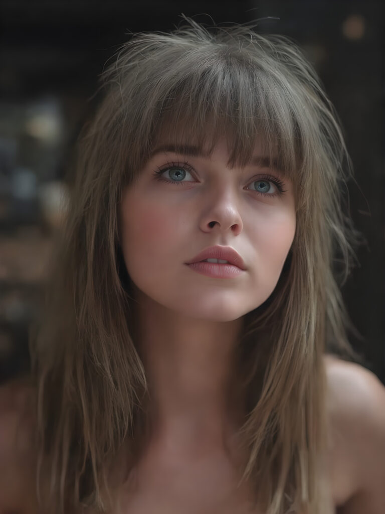 a girl with a beautiful pout, plump lips, long soft brown and blond hair in perfect bangs cut frame her round face, realistic and detailed, she wears a lifted cropped tank top, stunning female body, she waits seductively for a kiss, looks up and she says: kiss me
