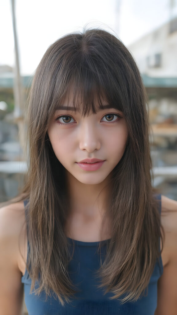 a (((highly detailed))) (((professional photograph))), capturing a cute, beautiful, realistic, with intricate details, (((Japanese teen girl))) with (long, straight jet brown soft hair, bangs) (black eye shadows) and (melancholic sad eyes) that convey a sense of (being let down) by not getting the guy she wanted (who seems to be out of her league, with a (super cute face) that exudes (perfect beauty), featuring (large, glowing red lips) for a (full, realistic mouth) and (vividly blue eyes). She's (dressed in a sleek, cropped short blue tank top), her makeup is (gothic fantasy) inspired, with (black eye shadows) and (black eyelids) that frame her face beautifully. Every detail is (hyper realistic) and (highly detailed), from the (guy's perspective) looking into the camera with a (super wide angle) shot, full body, with the (girl) slightly smiling and (blushing) in a (friendly, warm outdoor setting)
