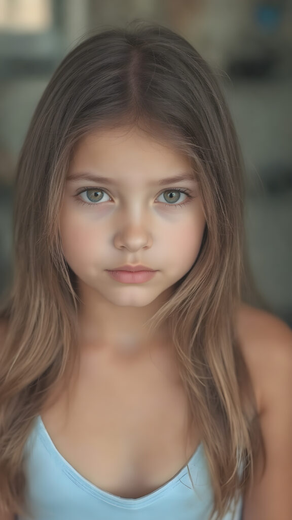 a (((highly detailed and HD full-body portrait))), featuring a (((beautiful young innocent girl, 13 years old))) with a ((tanned and glowing skin)), luxurious and flowing ((long soft straight light brown hair)), dressed in a ((light blue crop top)), deep v-neck, wide open front