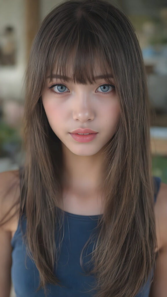 a (((highly detailed))) (((professional photograph))), capturing a cute, beautiful, realistic, with intricate details, (((Japanese teen girl))) with (long, straight jet brown soft hair, bangs) (black eye shadows) and (melancholic sad eyes) that convey a sense of (being let down) by not getting the guy she wanted (who seems to be out of her league, with a (super cute face) that exudes (perfect beauty), featuring (large, glowing red lips) for a (full, realistic mouth) and (vividly blue eyes). She's (dressed in a sleek, cropped short blue tank top), her makeup is (gothic fantasy) inspired, with (black eye shadows) and (black eyelids) that frame her face beautifully. Every detail is (hyper realistic) and (highly detailed), from the (guy's perspective) looking into the camera with a (super wide angle) shot, full body, with the (girl) slightly smiling and (blushing) in a (friendly, warm outdoor setting)