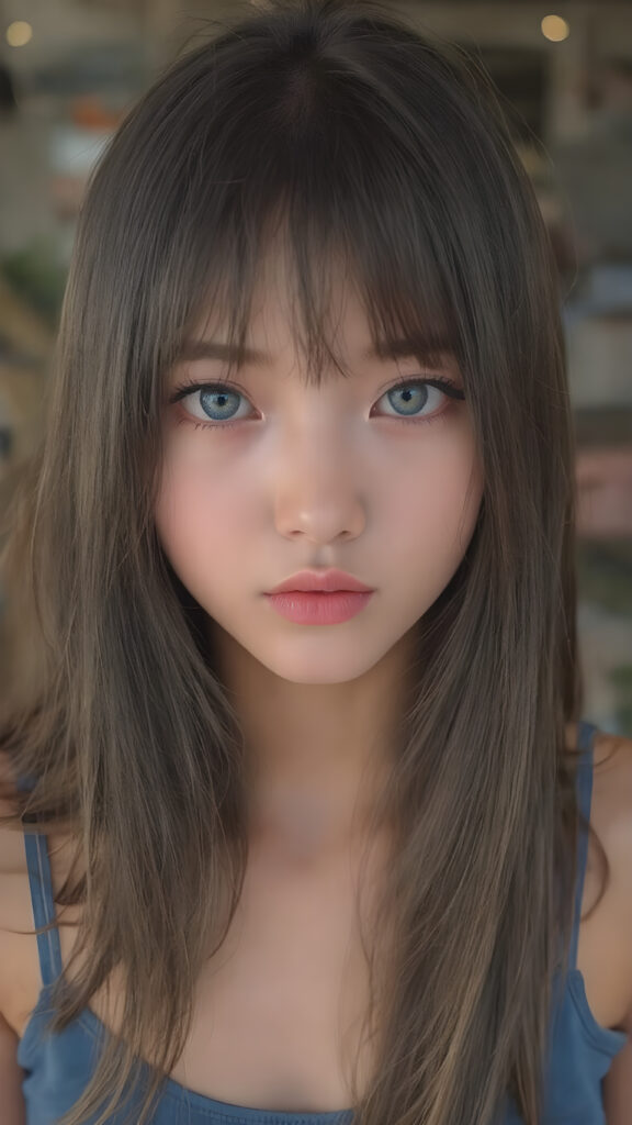 a (((highly detailed))) (((professional photograph))), capturing a cute, beautiful, realistic, with intricate details, (((Japanese teen girl))) with (long, straight jet brown soft hair, bangs) (black eye shadows) and (melancholic sad eyes) that convey a sense of (being let down) by not getting the guy she wanted (who seems to be out of her league, with a (super cute face) that exudes (perfect beauty), featuring (large, glowing red lips) for a (full, realistic mouth) and (vividly blue eyes). She's (dressed in a sleek, cropped short blue tank top), her makeup is (gothic fantasy) inspired, with (black eye shadows) and (black eyelids) that frame her face beautifully. Every detail is (hyper realistic) and (highly detailed), from the (guy's perspective) looking into the camera with a (super wide angle) shot, full body, with the (girl) slightly smiling and (blushing) in a (friendly, warm outdoor setting)