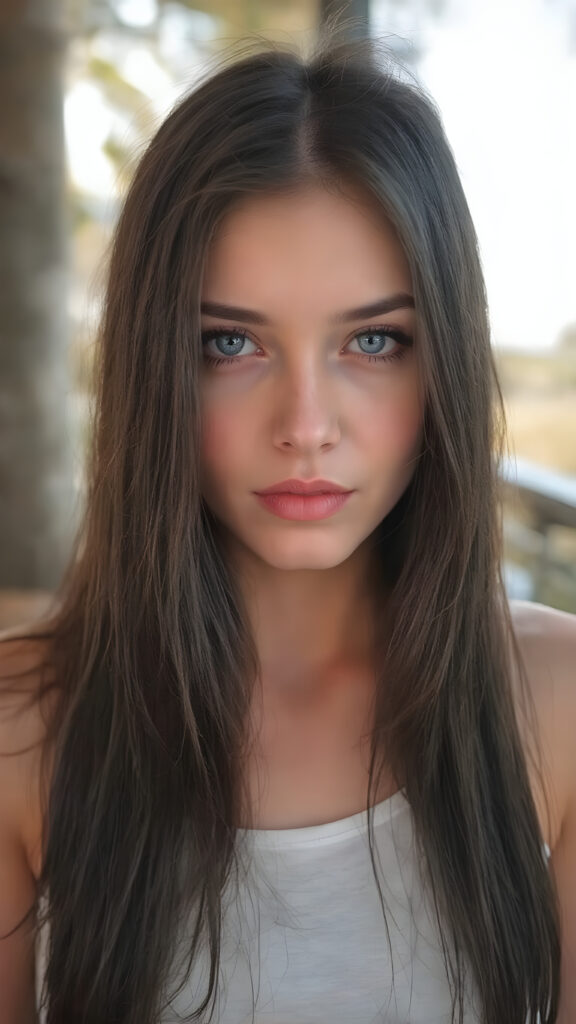 a (((highly detailed))) (((professional photograph))), capturing a cute, beautiful, realistic, with intricate details, (((teen girl))) with (long, straight jet black soft hair) (black eye shadows) and (melancholic sad eyes) that convey a sense of (being let down) by not getting the guy she wanted (who seems to be out of her league, with a (super cute face) that exudes (perfect beauty), featuring (large, glowing red lips) for a (full, realistic mouth) and (vividly blue eyes). She's (dressed in a sleek, cropped short tank top), her makeup is (gothic fantasy) inspired, with (black eye shadows) and (black eyelids) that frame her face beautifully. Every detail is (hyper realistic) and (highly detailed), from the (guy's perspective) looking into the camera with a (super wide angle) shot, full body, with the (girl) slightly smiling and (blushing) in a (friendly, warm outdoor setting)