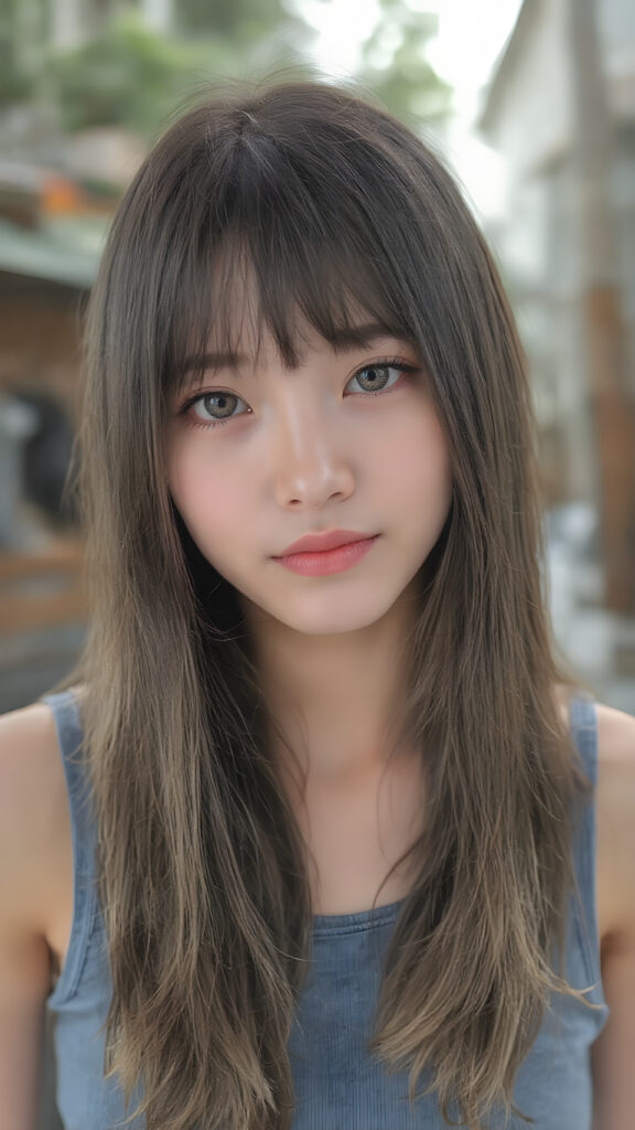 a (((highly detailed))) (((professional photograph))), capturing a cute, beautiful, realistic, with intricate details, (((Japanese teen girl))) with (long, straight jet brown soft hair, bangs) (black eye shadows) and (melancholic sad eyes) that convey a sense of (being let down) by not getting the guy she wanted (who seems to be out of her league, with a (super cute face) that exudes (perfect beauty), featuring (large, glowing red lips) for a (full, realistic mouth) and (vividly blue eyes). She's (dressed in a sleek, cropped short blue tank top), her makeup is (gothic fantasy) inspired, with (black eye shadows) and (black eyelids) that frame her face beautifully. Every detail is (hyper realistic) and (highly detailed), from the (guy's perspective) looking into the camera with a (super wide angle) shot, full body, with the (girl) slightly smiling and (blushing) in a (friendly, warm outdoor setting)