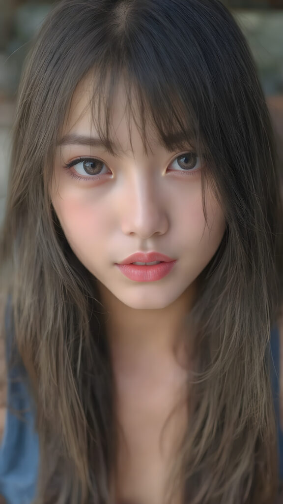 a (((highly detailed))) (((professional photograph))), capturing a cute, beautiful, realistic, with intricate details, (((Japanese teen girl))) with (long, straight jet brown soft hair, bangs) (black eye shadows) and (melancholic sad eyes) that convey a sense of (being let down) by not getting the guy she wanted (who seems to be out of her league, with a (super cute face) that exudes (perfect beauty), featuring (large, glowing red lips) for a (full, realistic mouth) and (vividly blue eyes). She's (dressed in a sleek, cropped short blue tank top), her makeup is (gothic fantasy) inspired, with (black eye shadows) and (black eyelids) that frame her face beautifully. Every detail is (hyper realistic) and (highly detailed), from the (guy's perspective) looking into the camera with a (super wide angle) shot, full body, with the (girl) slightly smiling and (blushing) in a (friendly, warm outdoor setting)