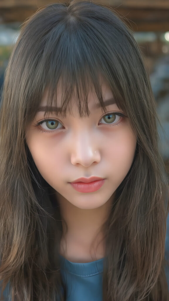a (((highly detailed))) (((professional photograph))), capturing a cute, beautiful, realistic, with intricate details, (((Japanese teen girl))) with (long, straight jet brown soft hair, bangs) (black eye shadows) and (melancholic sad eyes) that convey a sense of (being let down) by not getting the guy she wanted (who seems to be out of her league, with a (super cute face) that exudes (perfect beauty), featuring (large, glowing red lips) for a (full, realistic mouth) and (vividly blue eyes). She's (dressed in a sleek, cropped short blue tank top), her makeup is (gothic fantasy) inspired, with (black eye shadows) and (black eyelids) that frame her face beautifully. Every detail is (hyper realistic) and (highly detailed), from the (guy's perspective) looking into the camera with a (super wide angle) shot, full body, with the (girl) slightly smiling and (blushing) in a (friendly, warm outdoor setting)
