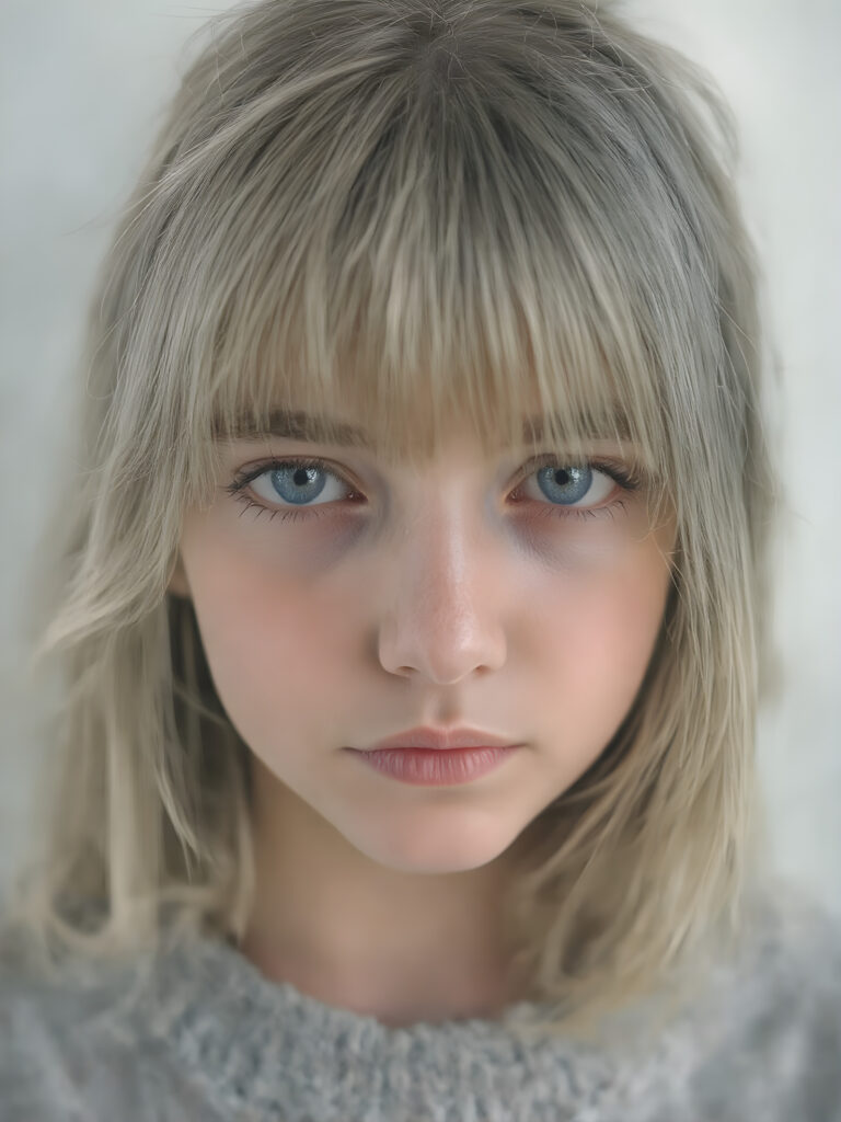 a ((highly detailed, realistic)) (((photo))), capturing a (((young teen girl))), with a delicate yet pale complexion, jet white thick straight hair with bangs, wearing a (((grey wool sweater))), ((stunning)), ((gorgeous)), ((light background)), ((perfect light and shadows)), ((crisp details)), ((rich colors)), (((photo realistic))), ((digital photography))