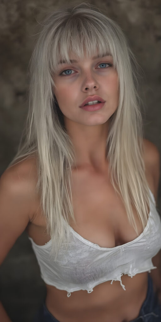 a (((hyper-realistic full angle body shot))), with intricate details and highly detailed textures, capturing a (((very beautiful busty dirty teen girl))) with ((dirty skin)) and ((extremely long, sleek straight white hair, bangs)), wearing a ((white cropped tattered tank top, deep v-neck)) that stands out against a (very dirty backdrop), her face poised in a ((natural pose)) with ((her lips open wide, half closed eyes)) as if she is ((exuding confidence)) at a (professional studio photo shoot)