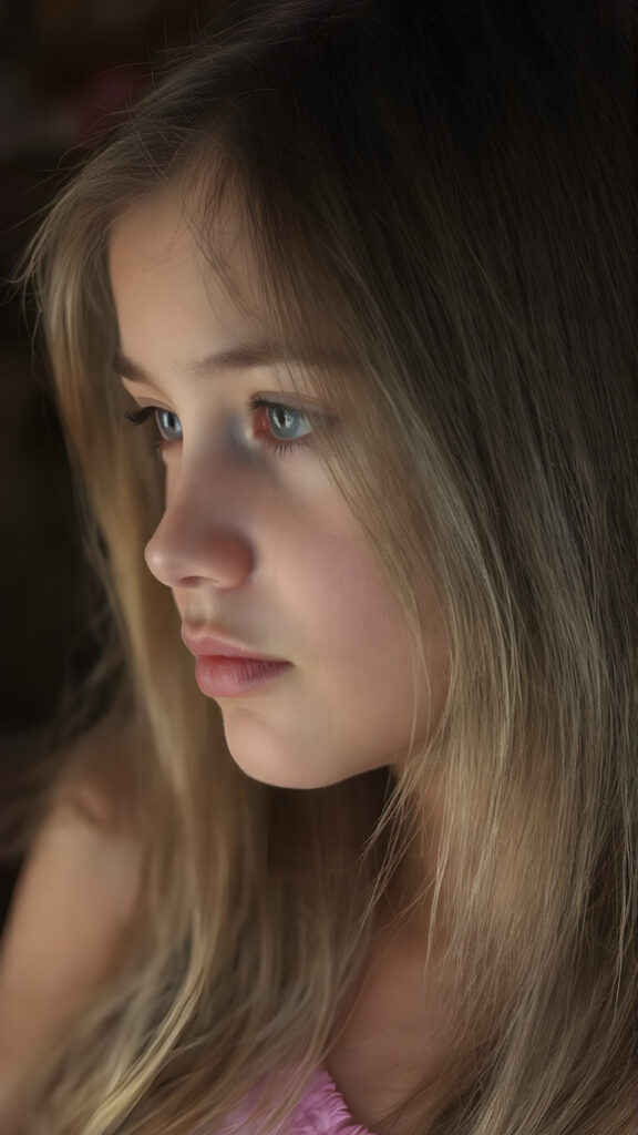 a (hyper-realistic, highly-detailed, vivid (((full body ((profile)) photo))), with ((warm glowing highlights)), ((softly backlit)), of a cute, innocent young Latin girl with long, straight soft hair, side view