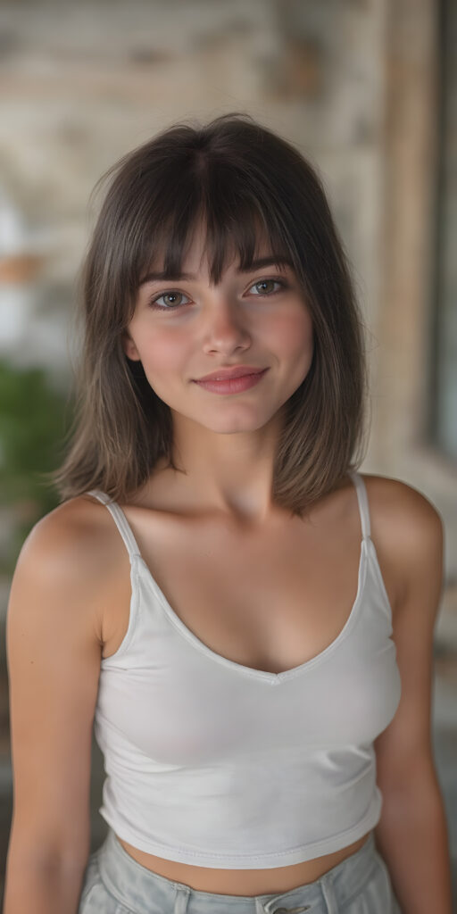 a (hyper-realistic, highly-detailed, vivid (((full body ((profile)) photo))), with ((warm glowing highlights)), ((softly backlit)), of an innocent, ((skinny but toned)), ((young teen girl)) with a ((perfect round, plump lips)), and ((semi-long, straight, black, casually styled hair)), wearing a ((white short tank top, deep v-neck, well busty, perfect curved)), paired with ((short pants)), in a ((natural, cheerful, happy expressions)), and ((looking directly into the camera))