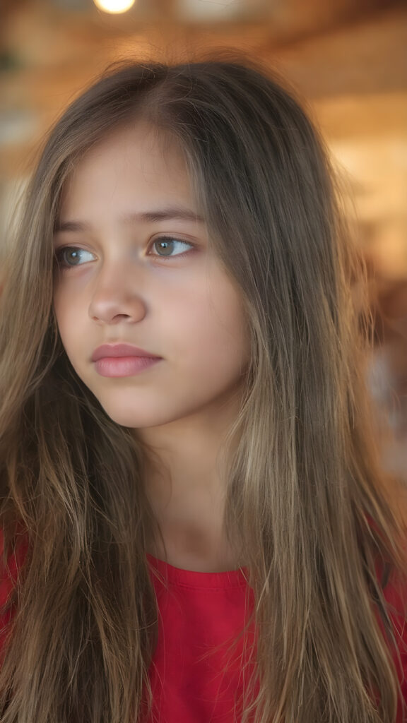 a (hyper-realistic, highly-detailed, vivid (((full body ((profile)) photo))), with ((warm glowing highlights)), ((softly backlit)), of a cute, innocent young Latin girl with long, straight soft hair, side view