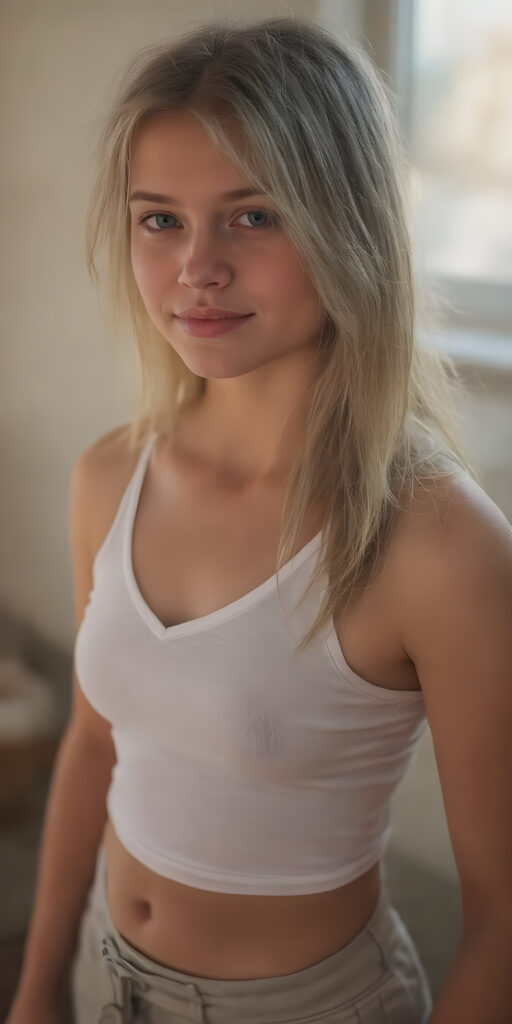 a (hyper-realistic, highly-detailed, vivid (((full body ((profile)) photo))), with ((warm glowing highlights)), ((softly backlit)), of a cute, innocent, ((skinny but toned)), ((young girl)) with a ((perfect round, plump lips)), and ((semi-long, straight, blonde, casually styled hair)), wearing a ((white short tank top)), paired with ((short pants)), in a ((natural, cheerful, happy expressions)), and ((looking directly into the camera))