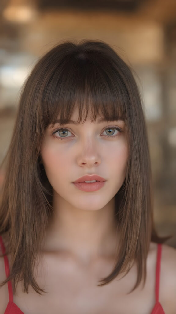 a hyper realistic version of myself, with straight, thick, slightly black red hair that reaches just above the shoulders, and glossy, plump, big red lips that are slightly parted. She wears a super realistic, flared and slightly transparent sleeveless thin strap crop top in copper red color that goes down to her thighs. The hair is straight with a slightly wavy pattern, while the lips are a light red color and are slightly parted. The face is flawless, with clear skin and a healthy glow, and the cheeks are slightly rosy. The overall look is natural and tasteful, with emphasis on the lips and skin texture. The focus is on the entire face, with a front view that captures the natural beauty of the skin and hair. The background is slightly blurred, with a golden hue that gives the image a warm and inviting feel. She poses slightly looking into the camera, with a natural expression that is in line with the overall aesthetic of the image.