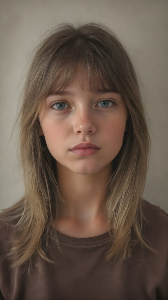 a masterpiece of oil portrait, a cute innocent young teen girl, detailed straight soft jet light brown hair, perfect curved body, detailed round face, she wears a short thin t-shirt, ((stunning)) ((gorgeous)) ((realistic, detailed)) ((empty background)) ((cinematic lights))