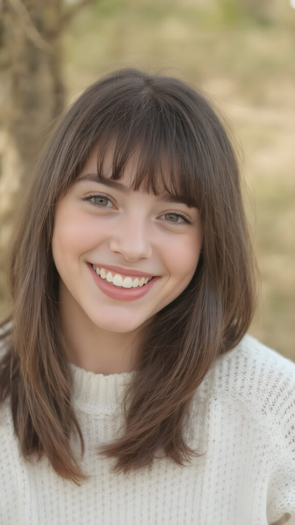 a (((natural young teen girl))) with natural bob haircut and bangs frame her round face, straight black hair, and a radiant complexion, embodying the essence of youthful beauty in a (((vintage, pin-up style))), full figure body image, showcasing her radiant skin and delicate, softly-toned natural makeup, against a backdrop of a (((natural, outdoor environment))) that brings to mind the spirit of natural beauty and the timeless allure of a bygone era. She is wearing a fine white sweater made of wool, she laughs heartily with her mouth wide open and her teeth white