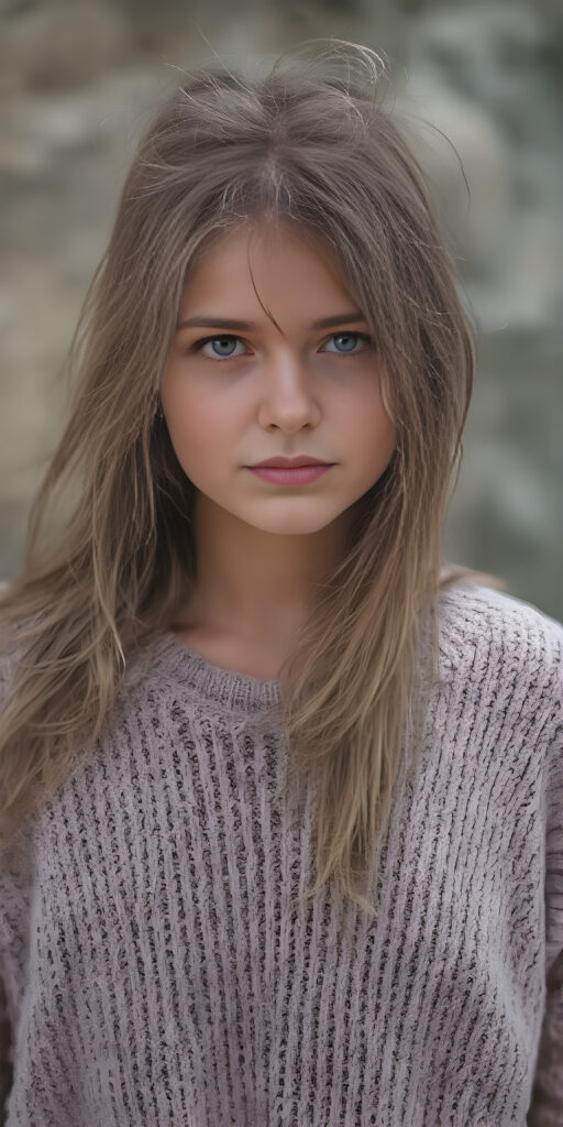 a nice young poor girl, age 25, with very long messy hair wears a wide sweater and stand in front of the viewer, super detailed and realistic