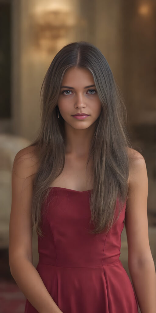 a nice young rich girl, age 25, with very long straight hair wears a elegant dress and stand in front of the viewer, super detailed and realistic