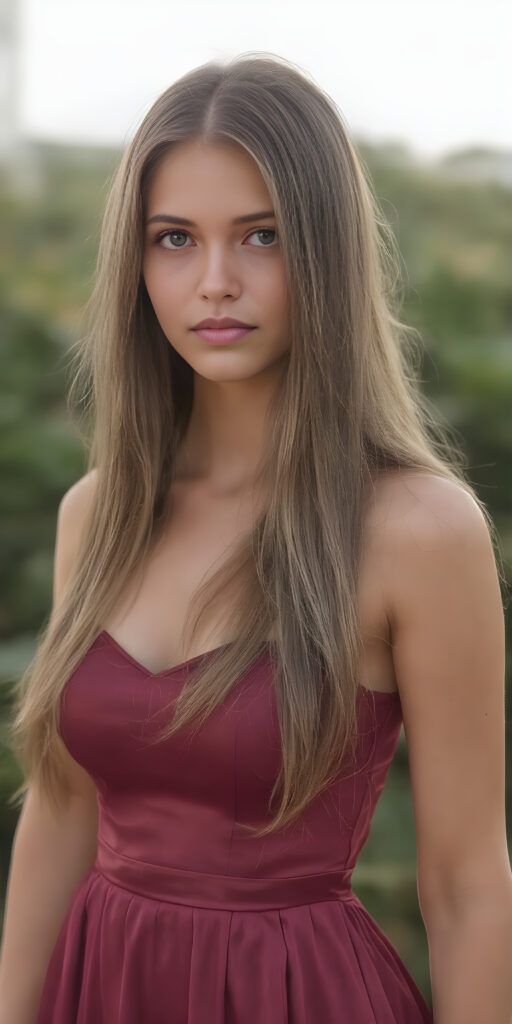 a nice young rich girl, age 25, with very long straight hair wears a elegant dress and stand in front of the viewer, super detailed and realistic