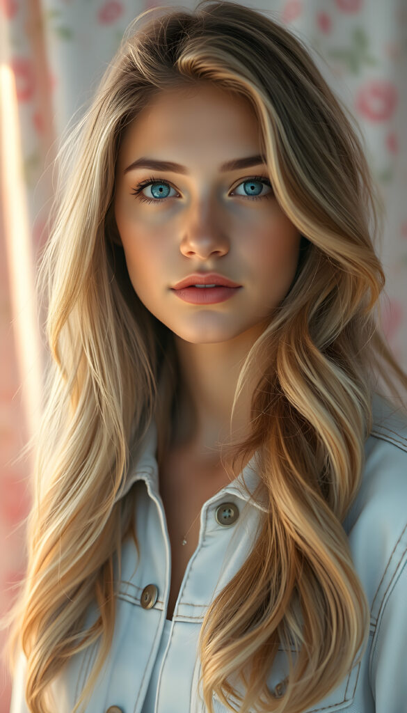 a pastel painting showcasing a young woman with long, flowing light blonde hair with brown highlights that gently curls at the ends, her bright blue eyes sparkling like the morning sky. She wears a white denim jacket, reflecting the sunlight in a soft, ethereal glow. Her angelic face is round, adding a touch of whimsy. The background is a dreamy blend of pastel pinks, blues, and greens, creating a serene and enchanting atmosphere.