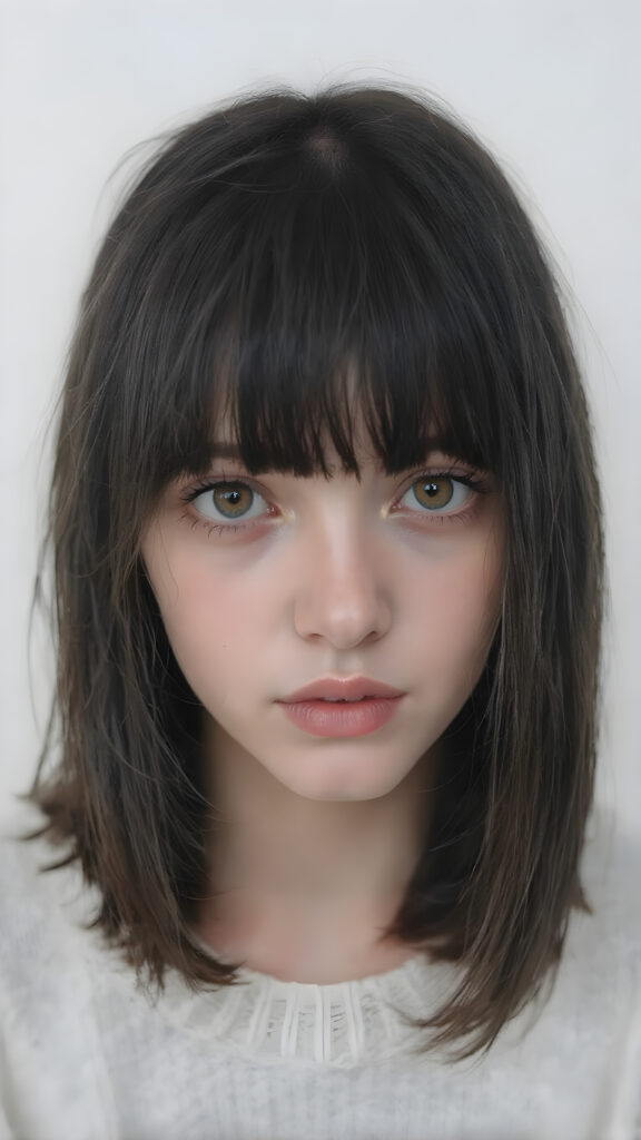 a perfect portrait from a (((detailed cute teen emo girl with shoulder-length, soft obsidian black straight hair, framing her face in side-swept bangs, bob cut, brown eyes, exuding a sense of melancholy and loneliness, round face and full lips, ((white tight wool sweater)) which perfectly shaped her body, against a (((simple, grey backdrop)))