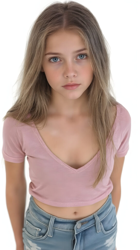 A (((full body view))) of a (((petite teen girl, stands in front of the viewer))), with a (((thin, yet shapely figure))), dressed in a ((short and cropped, tight, thin, V-neck cotton tee)) and ((tattered denim jeans pants)), her seductive gaze meets the viewer’s eye, exuding a sense of (extreme realism), long light brown straight hair falls over her entire body. Her focus on the viewer’s face captures the essence of a perfect female body, with intricate details that make her look truly breathtaking, against a (((pure white backdrop)))