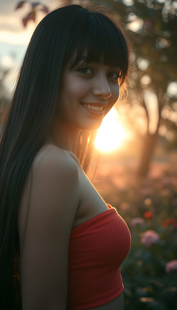 a photo realistic and radiant side portrait of a young well busty seductive teenage girl with straight black very long hair, soft bangs, same length left and right, her eyes sparkling with vibrant green hues, adorned in a light red cropped tank top. She stands confidently in a whimsical, pastel-hued garden, bathed in soft, golden sunlight. Her smile is warm and inviting, white teeth, enhancing her youthful charm and beauty. The background features dreamy, pastel-colored clouds and gentle light beams, creating a serene and enchanting atmosphere with a beautiful sunset