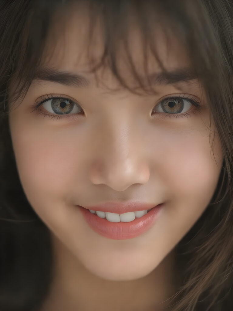 a (((professional photograph))) featuring a beautifully detailed (((face of a Asian teen girl))), with intricate details and colors, (natural, ultra realistic detailed hair) and (realistic detailed eyes) that exude an unmistakable allure, (highly detailed, symmetrical eyes) that match her perfectly coordinated, evenly sized pupils. She's also got (perfectly matching, coordinated teeth) that add to her overall aesthetic. Looking directly into the camera, she's got a warm smile and perfect eye coordination, which draws the viewer in. Her ultra realistic, volumetric lighting gives off a (natural, happy glow) that complements her overall look. She's also got (natural makeup) that enhances her features.