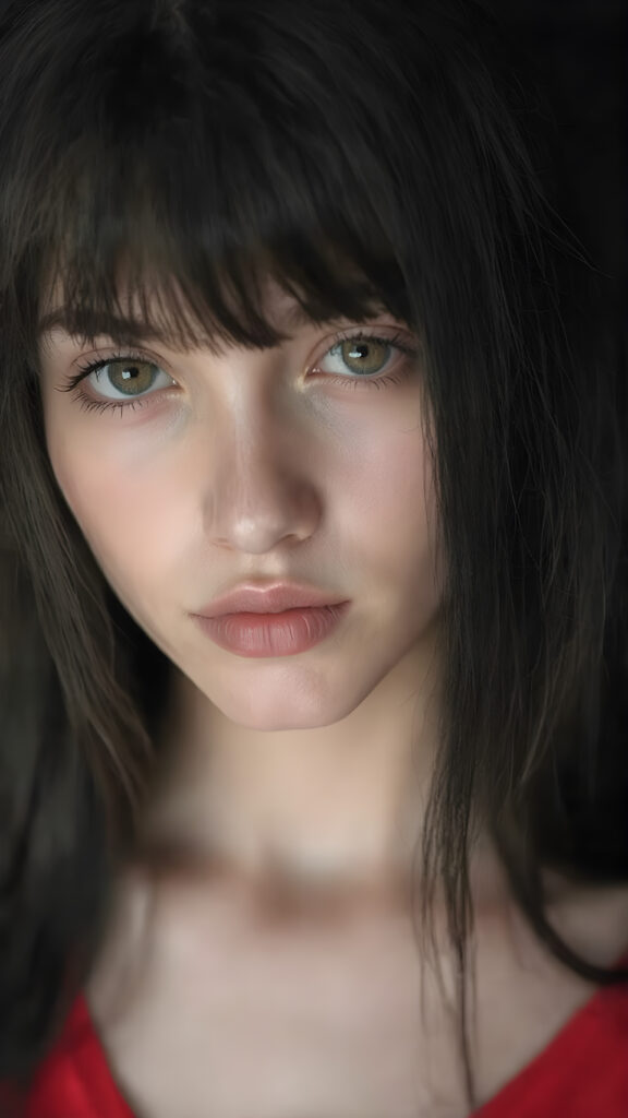 a (((professional black and white photograph))) featuring a gorgeous, young, slim, petite, and curvaceous silver skinned Emo girl with long and perfectly straight black super soft detailed hair and bangs, full lips, and with a serene expression. Her attire is a ((short cropped red tank top, deep v-neck)), the photo captures her full face, with the focus on her eyes and innocent look that complements the advanced lighting and ultra realistic skin textures that make this photo truly breathtaking, ((only her tank top is in color))