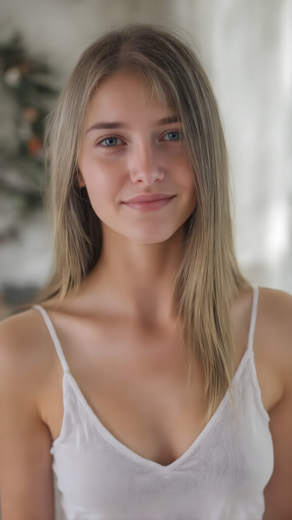 a (((professional photograph))) depicting a beautiful, cute, innocent and shy ((young teen girl))) with straight soft long brown hair, perfect realistic detailed angelic round face, upper-body, (((perfect curved and toned thighs))), white tank top, deep v-neck, ((highly detailed, high resolution, full quality image)), that exudes a sense of pure perfection. Her smile is bright and natural looking. The background is a cozy, warm and inviting living room. The soft light in the room highlights her perfect skin and the contrast between her delicate soft white tank top and match perfectly with her outfit.