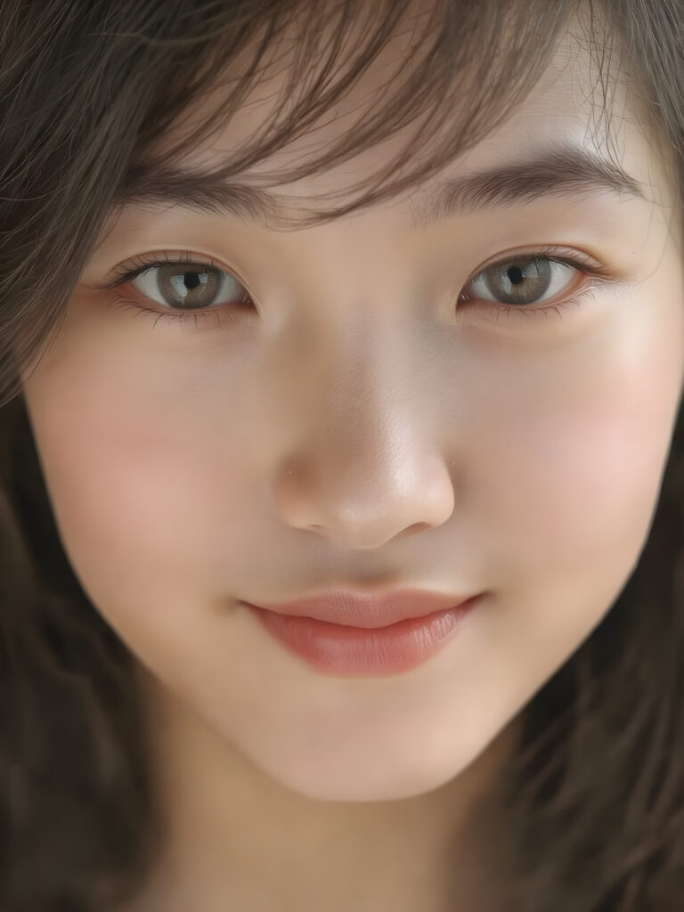 a (((professional photograph))) featuring a beautifully detailed (((face of a Asian teen girl))), with intricate details and colors, (natural, ultra realistic detailed hair) and (realistic detailed eyes) that exude an unmistakable allure, (highly detailed, symmetrical eyes) that match her perfectly coordinated, evenly sized pupils. She's also got (perfectly matching, coordinated teeth) that add to her overall aesthetic. Looking directly into the camera, she's got a warm smile and perfect eye coordination, which draws the viewer in. Her ultra realistic, volumetric lighting gives off a (natural, happy glow) that complements her overall look. She's also got (natural makeup) that enhances her features.